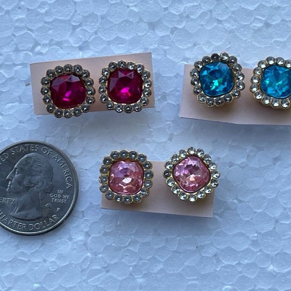 Lot of 3 Stud Earrings Crystal Accent Ear Jewelry Fashion Earrings Pink Red Blue - Picture 5 of 9